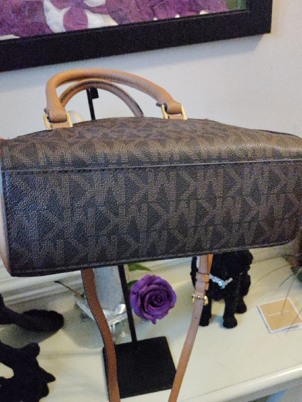 Michael Kors Brown Logo Satchel with Tan Handles and Gold Studs - Picture 7 of 7